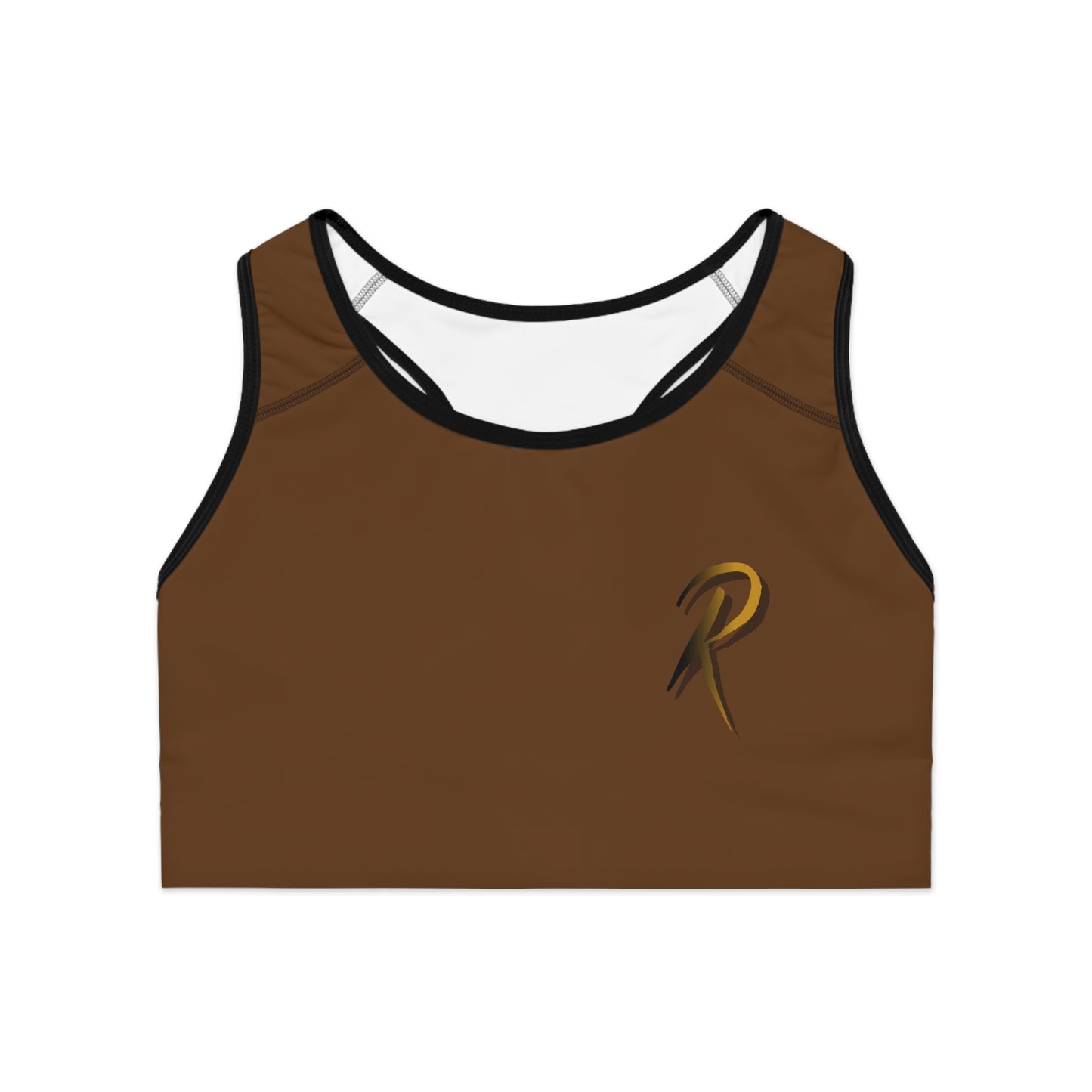 Ript Wear Brown Performance Sports Bra — 'RIPT WEAR' Bronze Logo Athletic Crop