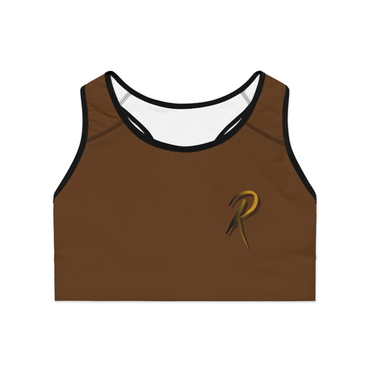 Ript Wear Brown Performance Sports Bra — 'RIPT WEAR' Bronze Logo Athletic Crop