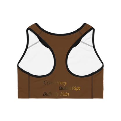 Ript Wear Brown Performance Sports Bra — 'RIPT WEAR' Bronze Logo Athletic Crop