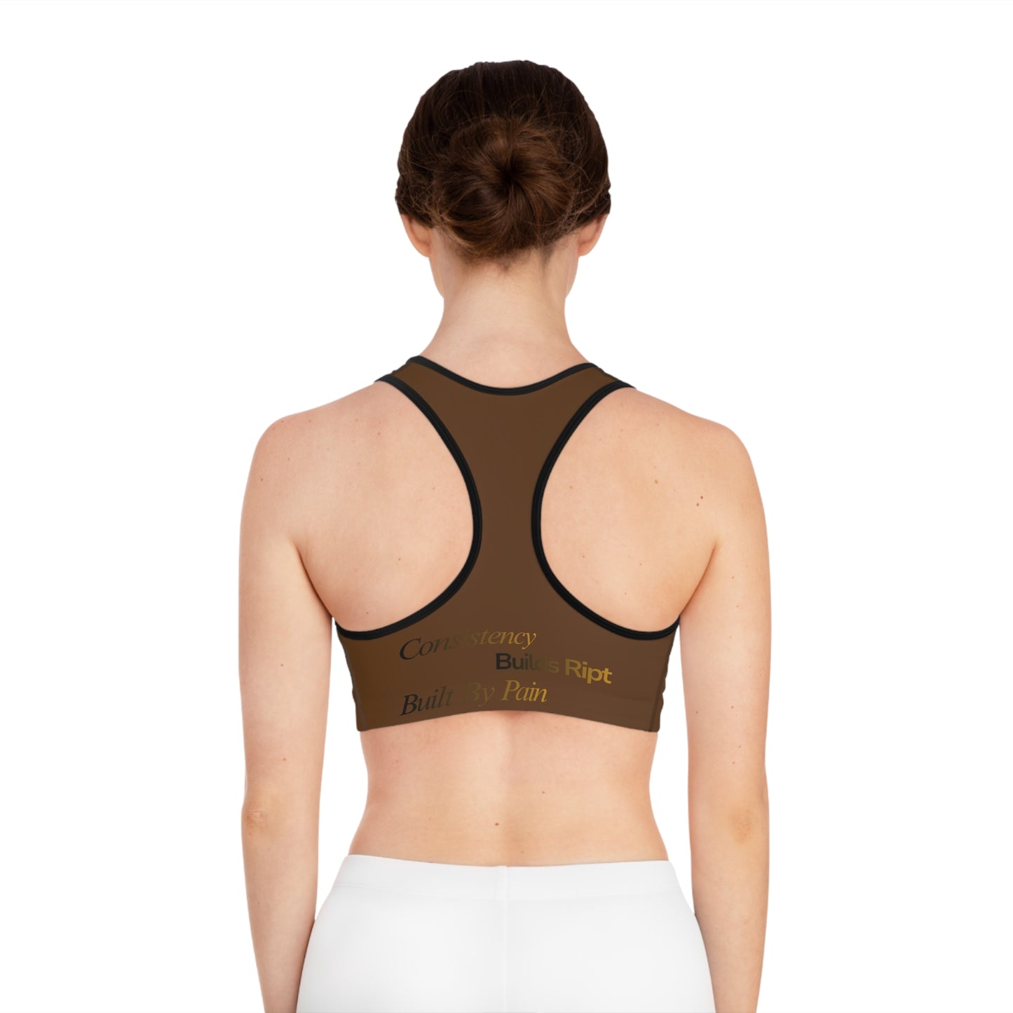 Ript Wear Brown Performance Sports Bra — 'RIPT WEAR' Bronze Logo Athletic Crop