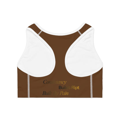 Ript Wear Brown Performance Sports Bra — 'RIPT WEAR' Bronze Logo Athletic Crop