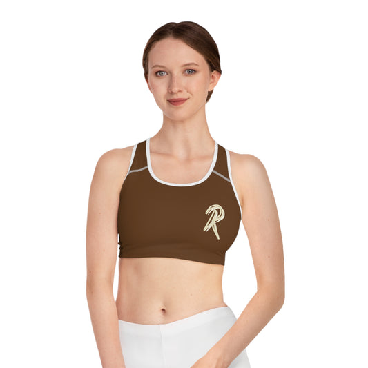 Ript Wear Brown Performance Sports Bra — 'RIPT WEAR' Beige Logo Athletic Crop